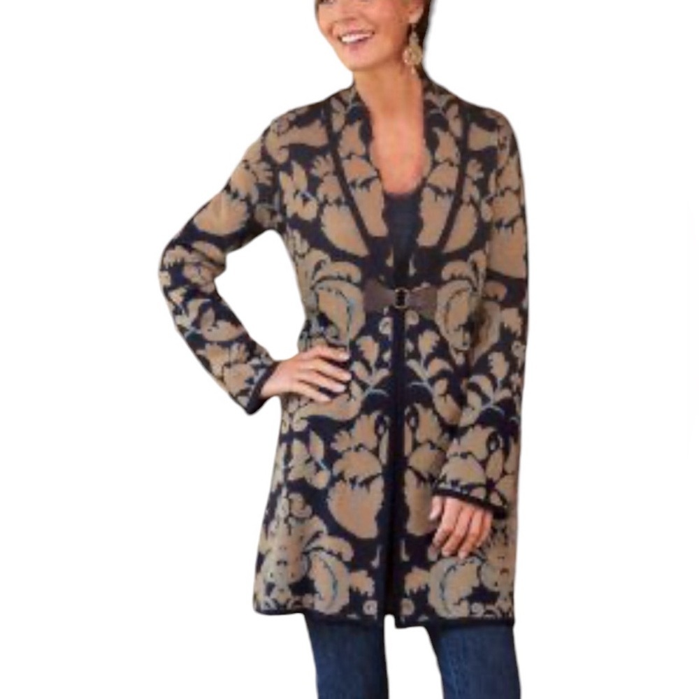 Soft Surroundings Wool Blend Cardigan Med  Damask Pattern Toggle  Long Line
